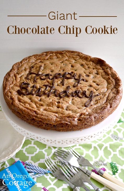 A giant cookie is an easy way to a birthday cake everyone will love. This recipe shows how to make it with chocolate chips and baked in a pan or a cast iron skillet, but you can add other candies too. Our kids loved this fun birthday tradition! #cookie #birthday #chocolatechips Cookie In A Skillet, Birthday Potluck, Easy Cookie Cake, Chocolate Chip Cookie Cake Recipe, Oregon Cottage, Cottage Recipes, Cookie Birthday, Chocolate Chip Cookie Cups, Simple Cookie