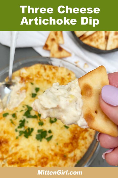 This creamy, cheesy, garlicky artichoke dip is the perfect appetizer for your next party. #appetizer #dip #entertaining Cheese Artichoke Dip, Easy Chip Dip, Baked Artichoke Dip, Baked Dips, Baked Artichoke, Cream Cheese Dip, Delicious Veggies, Homemade Chips, Cheese Baked