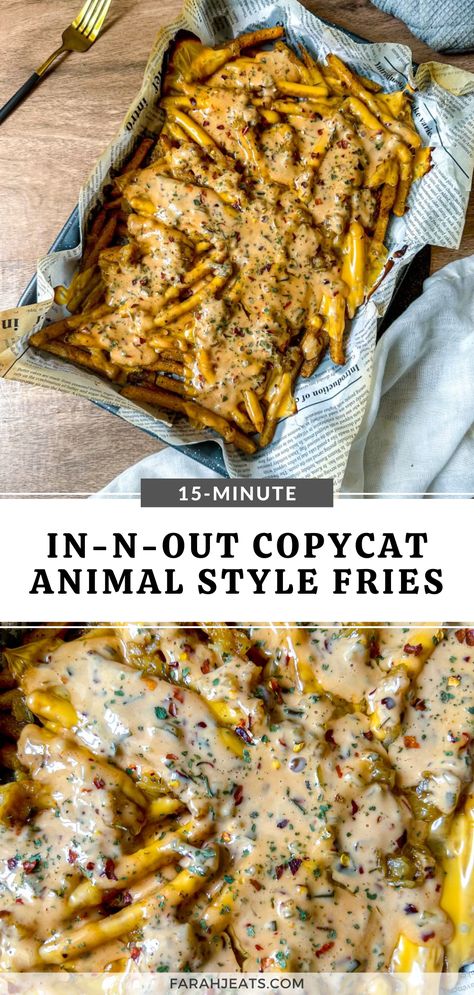 The above photo is of In-N-Out animal style fries served in an oven safe pan. Next to the pan is a fork. The bottom photo is a close up of the fries. Picnic Dishes For A Crowd, Burger Fries And Milkshake, Fries And Milkshake, Animal Style Fries Recipe, Herbal Lifestyle, Loaded Fries Recipe, Animal Style Fries, Homemade Fries, French Fries Recipe