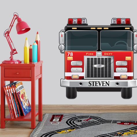 Boys Room Idea Fire Truck Mural~Fantastic fire engine wall mural to design a fire engine themed room. This fire truck mural is designed to be able to be used as a peel and stick headboard for a twin sized bed. Fire Truck Mural Headboard-3' x 3' Peel & stick, removable, cleanable. Boys Room Theme, Fun Boys Room, Firefighter Bedroom, Pediatric Office Decor, Fire Truck Room, Firetruck Bed, Truck Bedroom, Boy Room Themes, Truck Room