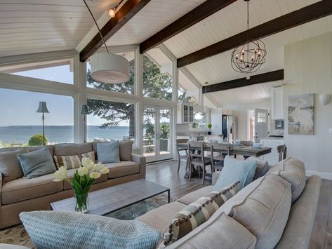 The "great room" - great views. Beach House Room, Beach Home Interiors, Beach House Vacation, Waterfront Cottage, Tropical Home Decor, Beach House Interior, Beach House Design, Coastal Interiors, Island Getaway