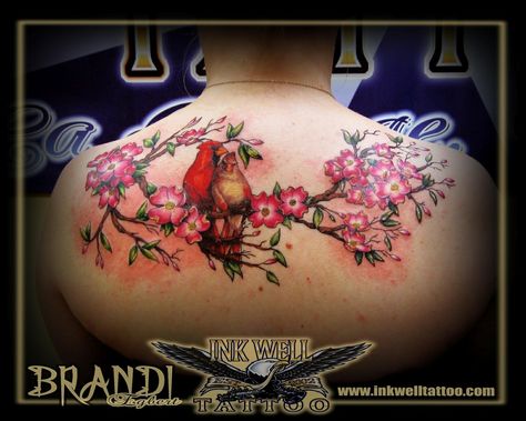 Female Cardinal Tattoo, Red Cardinal Tattoos, Well Tattoo, Dogwood Branch, Red Bird Tattoos, Cardinal Tattoo, Cardinal Tattoos, Tattoo On Shoulder, Female Cardinal