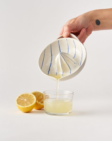 I've been eager to introduce this citrus squeezer 🍊🍋 for years, and now it's finally ready. It's a simple yet effective design with an easy-to-grab handle and a pouring spout. This durable product is the perfect addition to any kitchen, and a reliable way to serve up freshly squeezed citrus without the mess. Citrus Squeezer, Pottery Inspo, Lemon Squeezer, Ceramic Materials, Ceramic Art, And Now, Lemon, Ceramics, Quick Saves