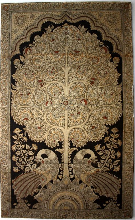 This is called 'Tree Of Life' painting in Kalamkari.  Only a handful of people can create / replicate this work now.  Kalamkari is an age old art of… Tree Of Life Artwork, Tree Of Life Painting, Family Tree Tattoo, Persian Art Painting, Kalamkari Painting, Tree Of Life Art, Pichwai Paintings, Painting Canvases, Madhubani Art