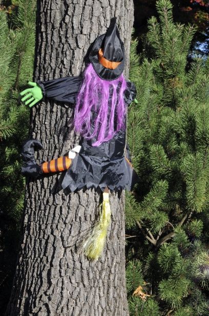 Witch Hit The Tree. One of hundreds of *FREE* Halloween images, backgrounds, wallpapers, etc. for private or commercial use! Perfect for your blog, scrapbook, presentations, and all creative endeavors. Crashing Witch, Pallet Pumpkin, Witch Props, Front Yard Decor, Funny Witch, Long White Hair, Halloween Witch Decorations, Whimsical Halloween, Fun Halloween Decor