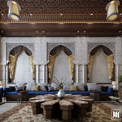 Interior design | Arab council in Moroccan style which is an idea for the living room. Islamic Majlis, False Ceiling Design For Hall, Ceiling Design For Hall, Modern Arabic Interior, Simple False Ceiling, Arabic Interior, Arabic Interior Design, Arabian Decor, Simple False Ceiling Design