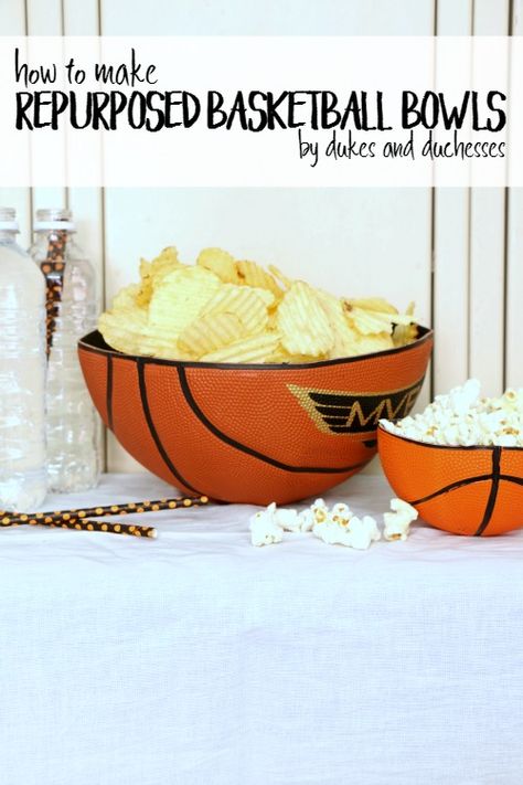 Old Basketball Craft Ideas | Repurposed Basketball Bowls (Basketball Cut in Half) March Madness Party, Basketball Treats, Basketball Crafts, March Madness Parties, Diy Basketball, Basketball Baby Shower, Basketball Theme Party, Basketball Birthday Parties, Basketball Baby