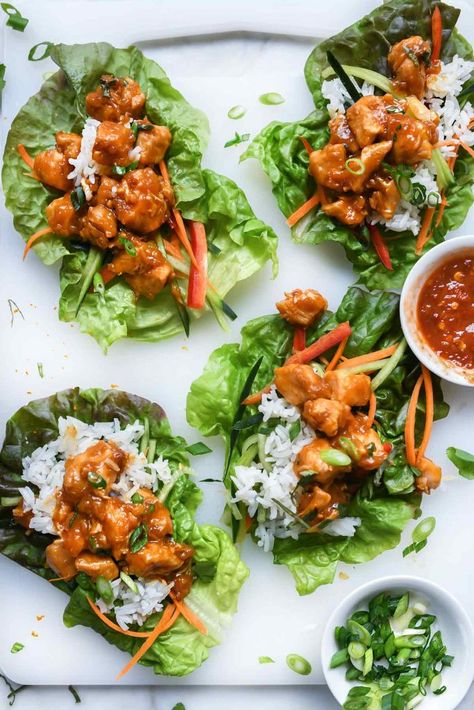 Instant Pot Orange Chicken Lettuce Wraps | foodiecrush.com Easy Chicken Lettuce Wraps, Low Carb Instant Pot Recipes, Salat Wraps, Healthy Main Meals, Chicken Lettuce Wraps Recipe, Lettuce Wrap Recipes, Foodie Crush, Chicken Lettuce Wraps, Chicken And Rice