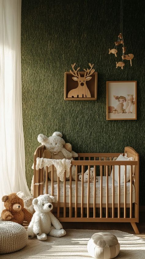 A serene gender-neutral nursery featuring forest green wallpaper, rustic crib, and plush animal decor, all in warm light. Green Bear Nursery, Light Wood Crib Nursery, Green Grass Wallpaper, Nautical Theme Nursery, Gender Neutral Nursery Design, Nursery Design Neutral, Jungle Themed Nursery, Textured Backdrop, Wooden Deer