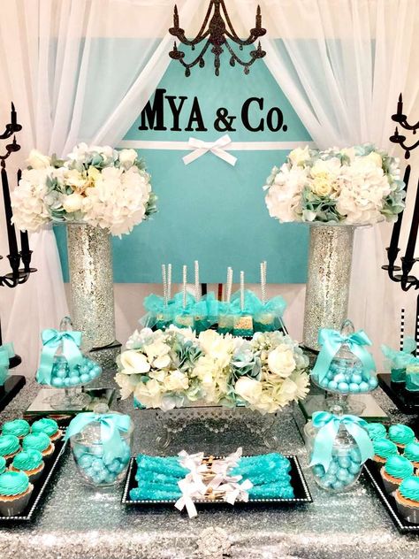 MYA Tiffany Co Birthday Ideas, Tiffany And Co Theme Party, Tiffany Co Party Ideas, Shop Chandelier, Tiffany Baby Shower Theme, Tiffany Sweet 16, Tiffany Theme Party, Tiffany Blue Party, Tiffany Themed Bridal Shower