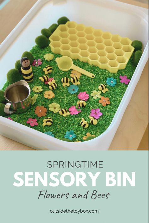 Toddlers are fascinated by bees (even if you do not agree). This springtime sensory bin is easy to create and includes many pieces to keep a toddler or preschooler busy. Add in fine motor skills and bee knowledge and vocabulary and you have a great hands-on way to learn through play. Flower Sensory Bin For Toddlers, Bumblebee Sensory Bin, Honey Bee Sensory Bin, Bee Sensory Table, Springtime Activities For Toddlers, Flisat Activities, Flower Sensory Bin, Bee Sensory Bin, Spring Sensory Bin