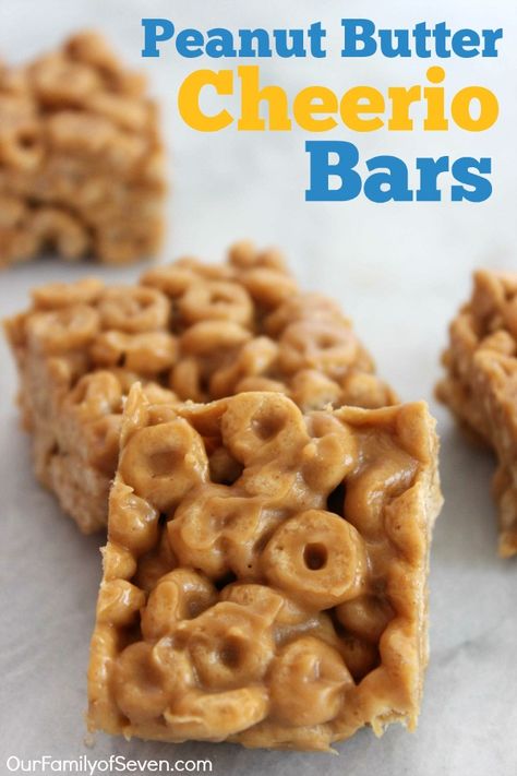 Peanut Butter Cheerio Bars- Just three simple ingredients wit no baking involved. Perfect for school lunches or snacks. Peanut Butter Cheerio Bars, Cheerio Bars, Office Food, Healthy Toddler Snacks, Toddler Snacks, School Lunches, Jamie Oliver, Lunch Snacks, Kids Snacks