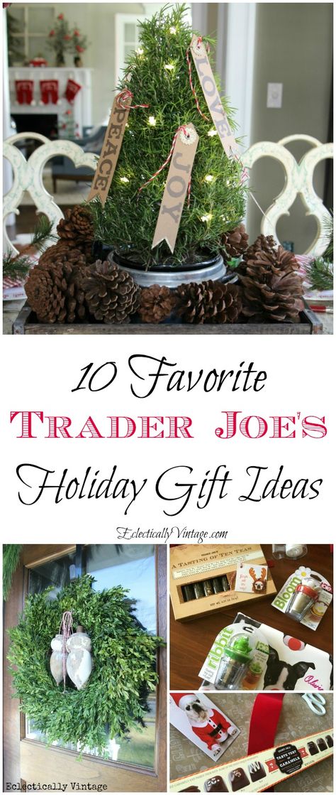 10 Favorite Trader Joe's Gift Ideas - something for everyone on your Christmas list! eclecticallyvintage.com Best Gift Baskets, Holiday Baskets, Christmas Apps, Holiday Gift Baskets, Christmas Time Is Here, Christmas Baskets, Christmas Gift Basket, Teacher Christmas Gifts, Trader Joe