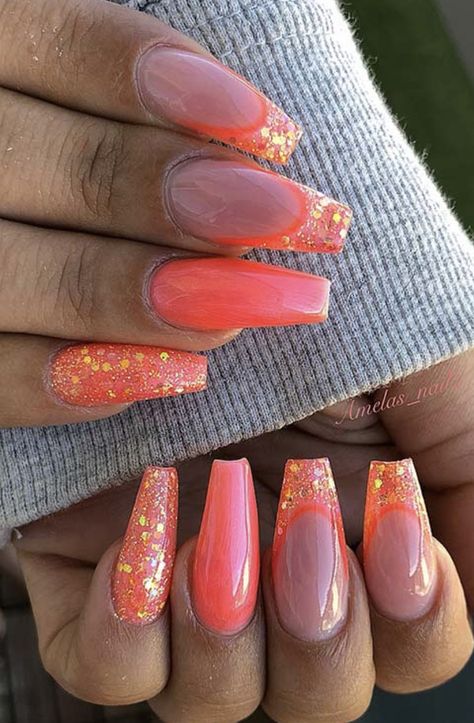 Neon Coral Nails Design, Coral And Orange Nails, Gel Orange Nails, Square Nails Ideas Summer, Cute Orange Nails, Coral Acrylic Nails, Neon Coral Nails, Coral Nails With Design, French Orange