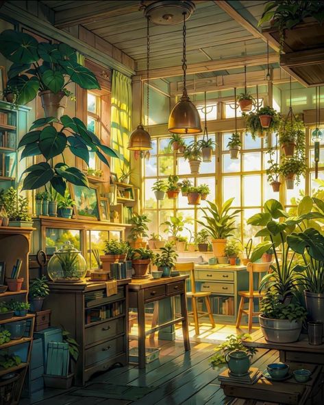 Aesthetic Lofi Art Green, Greenhouse Drawing Aesthetic, Indoor Environment Concept Art, Plant City Aesthetic, Cottage Core Digital Art, Anime Plants Aesthetic, Room Illust, Windowsill Aesthetic, Cottage Concept Art