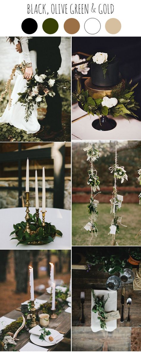 black, gold and greenery dark moody wedding ideas Wedding Color Palettes, Autumn Bride, Pinterest Wedding, Flowers And Greenery, Dark Wedding, Moody Wedding, Theme Color, Fall Wedding Colors, Wedding Color Palette