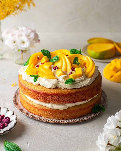 Vegan Mango Cake, Fresh Mango Cake, Rainbow Nourishments, Latin Desserts, Vegan Pastry, Cream Cheese Frosting Cake, Mango Cake, Blueberry Lemon Cake, Vegan Cakes