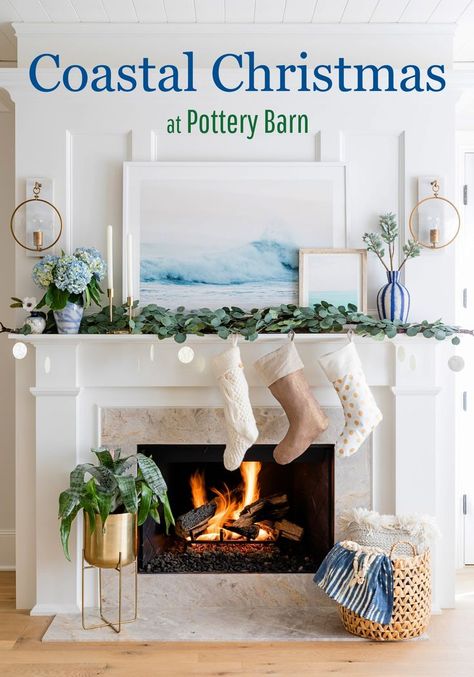 Coastal Christmas Ideas from Pottery Barn Nantucket Christmas Decor, Southern Coastal Christmas Decor, Coastal Christmas Front Porch Ideas, Winter Beach House Decor, Coastal Christmas Mantle Decor, Beach House Christmas Decor Outdoor, Coastal Grandmother Christmas Decor, Christmas Beach House, Coastal Christmas Living Room