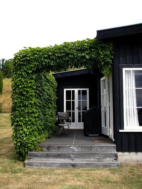 Love a creeping vine... Especially when paired with black & white. Black Houses, Black Barn, Pintura Exterior, Casa Exterior, Black House Exterior, Design Exterior, Black Exterior, House Designs Exterior, Exterior Paint