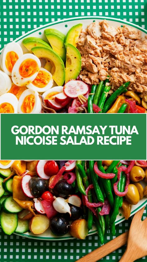 This delicious Tuna Niçoise Salad, inspired by Gordon Ramsay, is a quick and easy dish perfect for any occasion. Packed with fresh, nutritious ingredients like tender green beans, creamy soft-boiled eggs, and oil-packed tuna, it’s a vibrant, flavorful meal that’s customizable with your favorite pickled toppings. Perfect for a light lunch or dinner! Tuna Egg Recipes, Tuna Lunch Recipes, Baked Tuna, Tuna Lunch, Nicoise Salad Recipe, Tuna Nicoise Salad, Best Salad Dressing, Best Tuna Salad, Breakfast Chicken