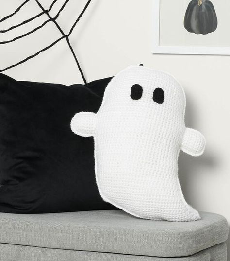 How To Make Caron One Pound Crochet Ghost Pillow Online | JOANN Crochet Bat Pillow Pattern, Crochet Holiday Pillow Patterns Free, Fall Pillow Crochet, Large Crochet Ghost Pattern Free, Ghost Pillow Crochet, Crochet Fall Pillow Free Pattern, Fall Crochet Pillow Patterns Free, Crochet Halloween Pillow Patterns Free, Ghost Pillow Crochet Pattern