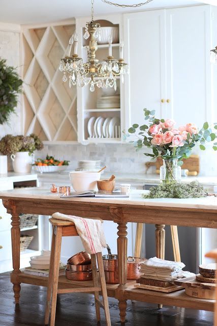 A charming vintage inspired kitchen island - FRENCH COUNTRY COTTAGE #frenchcountrycottage #kitchendecor #frenchvintage French Farmhouse Kitchen, Vintage Inspired Kitchen, Kitchen Ikea, Country Kitchen Designs, French Country Kitchens, Cottage Kitchens, Classic Kitchen, French Country Kitchen, Kitchen Farmhouse