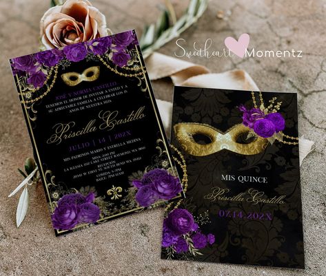 Masquerade Quinceanera, Purple Quinceanera Theme, Quinceanera Masquerade, Masquerade Party Invitations, Halloween Party Invite, Masquerade Wedding, Quinceanera Invitation, Quinceanera Themes, Birthday Halloween Party