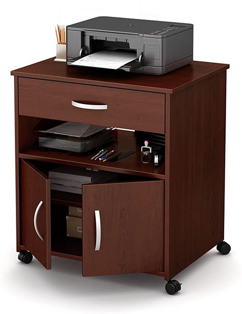 Amazon.com: South Shore 2-Door Printer Stand with Storage on Wheels, Royal Cherry: Furniture & Decor Printer Table, Printer Storage, Printer Cabinet, Printer Cart, Cart On Wheels, House Organization, Printer Stands, Printer Stand, Best Printers