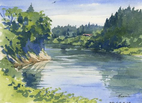 Water Reflection Watercolor, Hillside Homes, River Watercolor, Village Photos, Water Reflection, River Water, Water Reflections, Watercolor Inspiration, Abstract Paintings