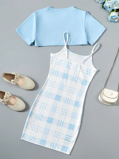 SHEIN Tween Girl Summer Solid Color Round Neck Short Sleeve High Low Hem Top And Plaid Strap Dress Casual 2pcs Outfit | SHEIN USA Cute Summer Outfits For Girls 9-10, Strap Dress Casual, Outfit Shein, Outfits For Girls, Hem Top, Really Cute Outfits, Cute Summer Outfits, Strap Dress, Aesthetic Outfits