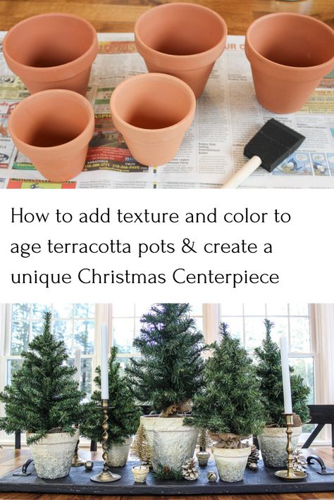 How to Age Terracotta Pots For A Unique Christmas Centerpiece - Life on Kaydeross Creek Aged Terracotta, Winter Pots, Gingerbread Kitchen, Mini Christmas Trees, Farm Christmas, Cotton House, Christmas Heart, Christmas Pots, Gold Candle Sticks