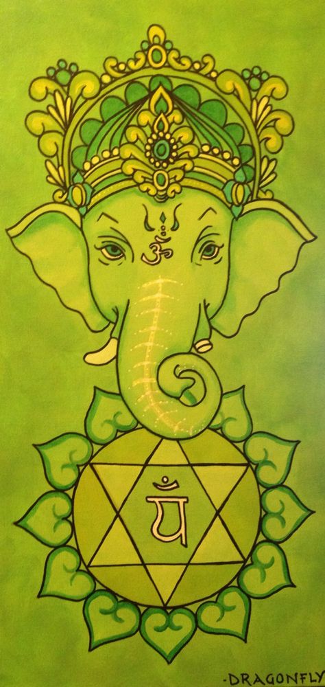 Ganesha tribute chakra paintings. I did one a day for 7 days. This is painting #4 of 7- Anahata.  The heart chakra which can be represented by either the colour green or pink. Flower Bud Tattoo, Chakra Paintings, Chakra Wallpaper, Knee Yoga, Acrylic Painting Images, Chakra Painting, Green Chakra, August Colors, The Colour Green