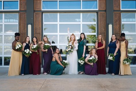 Purple, red, navy, blue/green, gold bridesmaids. Vintage wedding. Group photos Wedding Group Photos, Green Gold Weddings, Purple And Gold Wedding, Olive Wedding, Green Themed Wedding, Jewel Tone Wedding, Gold Bridesmaids, Blue Green Gold, Navy Bridesmaid Dresses