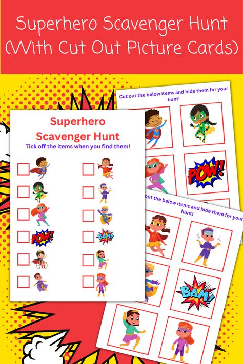 Super Hero Scavenger Hunt, Superhero Scavenger Hunt, Picture Scavenger Hunts, Printable Scavenger Hunt, Superhero Pictures, Scavenger Hunt Printable, Cut Out Pictures, Superhero Crafts, Action Hero