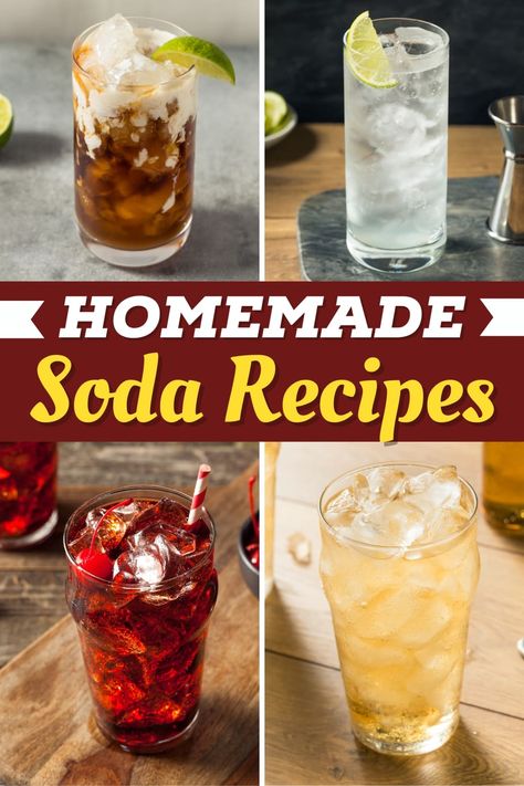 Skip the canned stuff and try these homemade soda recipes! From traditional cola to root beer to cherry, these tasty drinks are sure to please! Lemon Soda Recipe, Homemade Soda Syrup, Soda Drinks Recipes, Soda Stream Recipes, Root Beer Recipe, Cola Recipe, Homemade Rootbeer, Homemade Ginger Ale, Italian Cream Soda