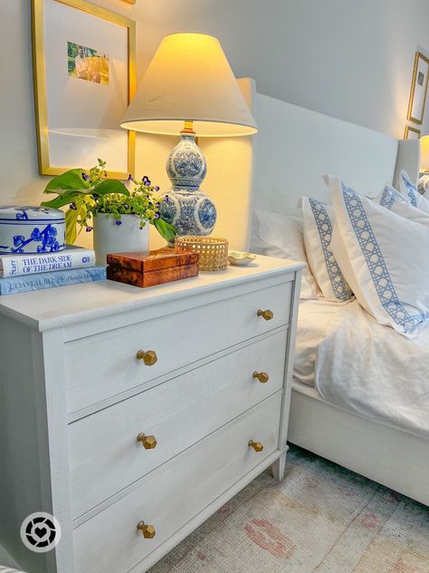 Bedroom blue and white Affordable Nightstand, Costal Bedroom, Blue And White Decor, Bedroom Nightstands, College Room Decor, Coastal Room, College Apartment Decor, Dorm Room Inspiration, Bedroom Color