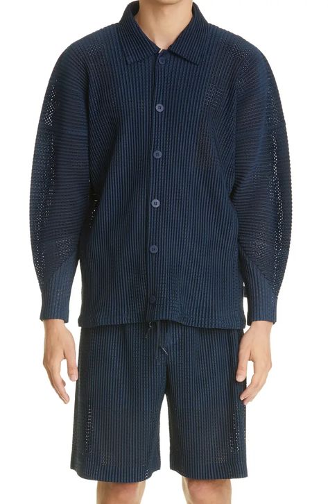 Pleating Technique, Pleated Jumpsuit, Issey Miyake Men, Deep Indigo, Pleated Shirt, Mesh Shirt, Summer Lookbook, Hem Style, Pleated Pants