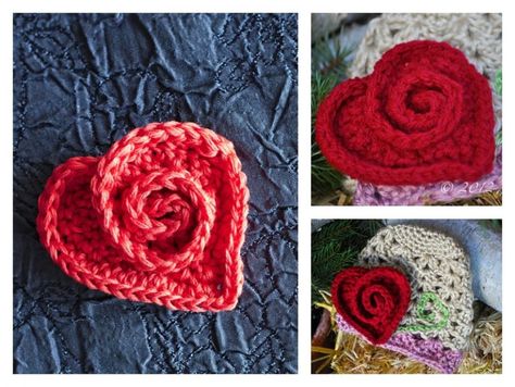 Rosy Heart Free Crochet Pattern Swirly Heart Crochet, Crochet Spiral Heart Free Pattern, Crochet Rose Heart Pattern Free, Spiral Heart Crochet Pattern, Spiral Heart Crochet, Crochet 3d Heart, Crochet Heart Pattern Free, Crochet Shapes, Crocheted Hearts