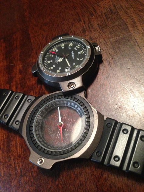 (Rambo) Gruen Compass Watch.  Face flips open to reveal a compass. Very accurate quartz movement. Functional Outdoor Watch, Diy Inventions, Compass Watch, Aircraft Mechanic, Casio G Shock Watches, Mens Watches Military, Military Tactical Watches, Casio Military Watch, Cool New Gadgets