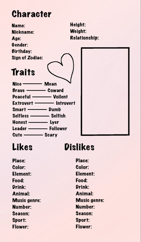 Say stuff about your character or irl person idk Personality Sheet Template, Character Personality Sheet Template, Characters Information Template, Oc Fact Sheet, Personality Chart Character, Basic Oc Info, Oc Help Sheet, How To Give Your Oc A Personality, Oc Personality Chart Template