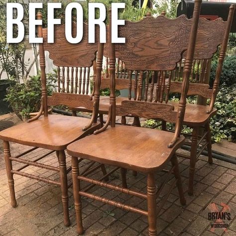 Oak pressed back chairs are rare to find in Japan...unless you're my wife. She found four of these bad boys for only $20. I can't believe these were only 5 bucks each. This is how she painted them using Annie Sloan old white chalk paint.    These are the finished chairs!   These are the chairs before.   Check out those chair backs!    Gather Your Materials   Annie Sloan chalk paint  Paint brush  Sandpaper  Tape  Wax  We started with Annie Sloan chalk paint. Annie Sloan has started maki… Wooden Chair Makeover, Antique Rocking Chair, Chalk Paint Chairs, Dining Chair Makeover, Antique Rocking Chairs, Painted Dining Chairs, Painted Chair, Boho Chair, Diy Chalk Paint