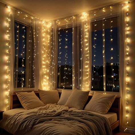 Where To Put Lights In Bedroom, Fairy Light Setup, Fall Lights Indoor, Fairy Lights Bedroom Curtains, Conservatory Fairy Light Ideas, Romantic Lights Bedroom, Curtain Ideas Aesthetic, Christmas Light Window Ideas, Soft Bedroom Lighting Ideas