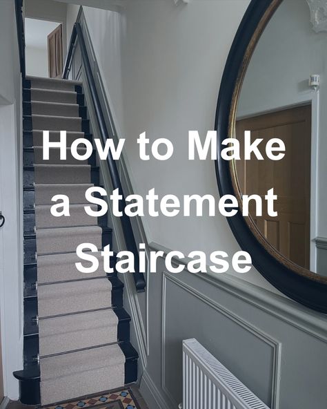 statement staircase Staircase Molding Ideas, Staircase Makeover Wallpaper, Stairs Makeover Ideas Staircase Remodel, Stairs Color Ideas, Paneled Staircase, Stair Hallway Decor, Painted Stairs Makeover, Stair Moulding, Painted Stair Railings