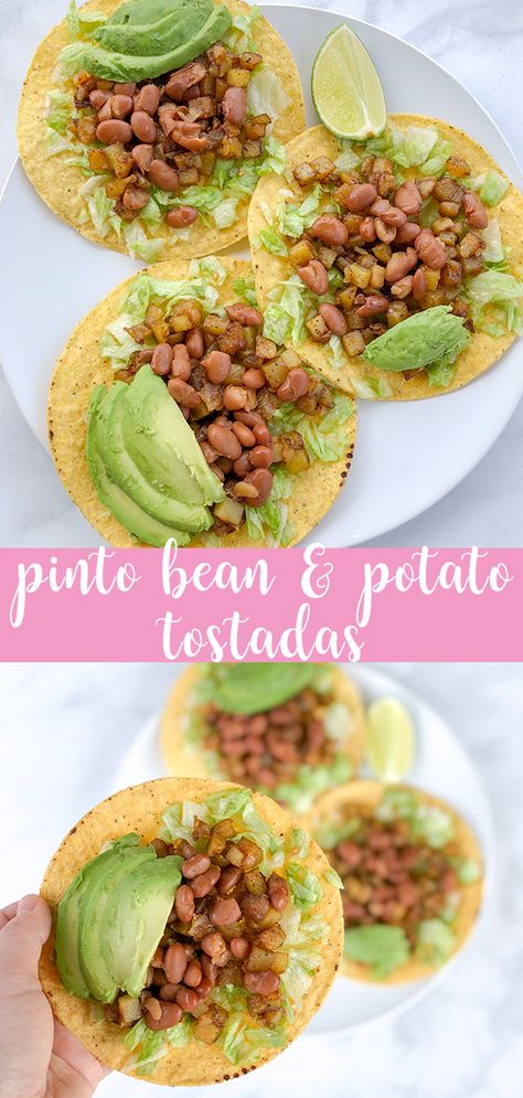 Pinto Bean and Potato Tostadas | The Urben Life Pinto Bean Dinner Ideas, Pinto Bean Meal Ideas, Ww Tacos, Ww Potatoes, Seasoned Beans, Potato Tostadas, Beans And Potatoes, Pinto Bean Recipes, Pinto Bean