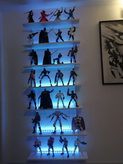 Action Figure Shelf Display, How To Display Action Figures, Action Figure Shelves, Displaying Legos In Bedroom, Action Figures Display Ideas, Shelves For Action Figures, Action Figure Display Ideas, Figurine Display Ideas, Funko Pop Display Ideas