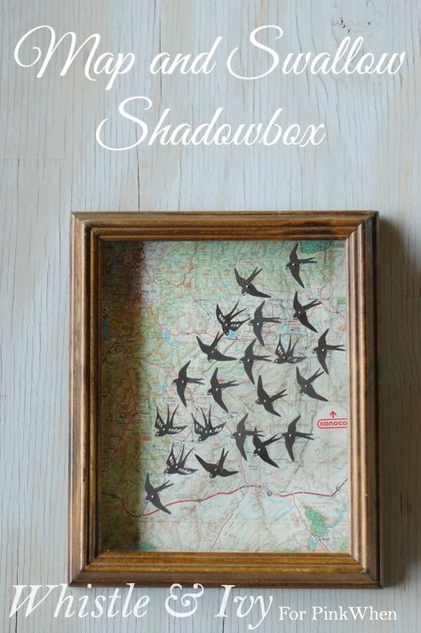 Map and Swallow Shadowbox - Transform an old map and thrifted shadowbox into a beautiful piece of decor  {Tutorial by Whistle and Ivy} Diy Map, Shadow Box Picture Frames, Map Crafts, Diy Shadow Box, Family Diy, Swallows, Shadow Boxes, Diy Wall Art, Map Art