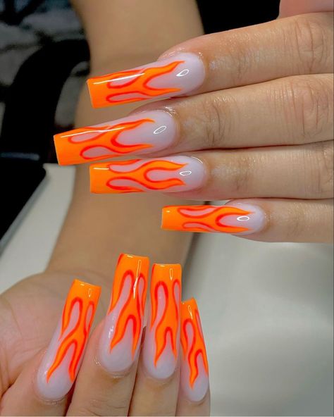 Neon Orange Flame Nails, Red Nails Fire Design, Orange Flames Nails, Pink Flame Nails Acrylic, Red And Orange Flame Nails, Nails With Flames Design, Orange Flame Acrylic Nails, Flame Nails Orange, Orange Flame Nail Designs