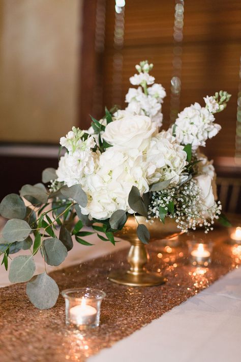 Centerpiece with white hydrangea, white stock, silver dollar eucalyptus, babies breath, and white tibets. Wedding Centerpieces Eucalyptus, Centerpieces Eucalyptus, Eucalyptus Centerpiece, Wedding Chalkboard Signs, Wedding Reception Flowers, Babies Breath, Bouquet Arrangements, Wedding Games, White Hydrangea