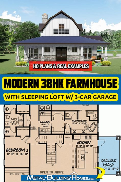 This amazing barndominium-style house concept has a barn-like façade with board and batten paneling, large windows, and barn doorways. This beautiful 3-bedroom home design features a front porch that runs the length of the mansion and is capped with a gambrel roof for just an extra farmhouse-style element. French doors connect to a real open-concept floor plan with a huge two-story vaulted ceiling and exposed wooden beams. Gambrel Roof Interior, Gambrel Floor Plans, Small Gambrel House, Gambrel Roof House Plans, Gambrel House Plans, Gambrel Barndominium, Gambrel Farmhouse, Gambrel Barn House, Gambrel Roof House