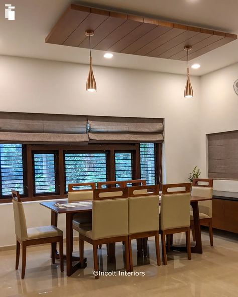 Dining Space | Incolt Interiors Dining Room Design Indian, Kerala Kitchen, Dining Room Ceiling Design, Hall Ceiling, House Styling Interior, Dining Area Design, Vastu House, India House, House Styling